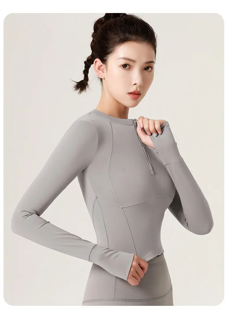 High elastic gathering waist long-sleeved sports top nude yoga clothes running fitness clothes