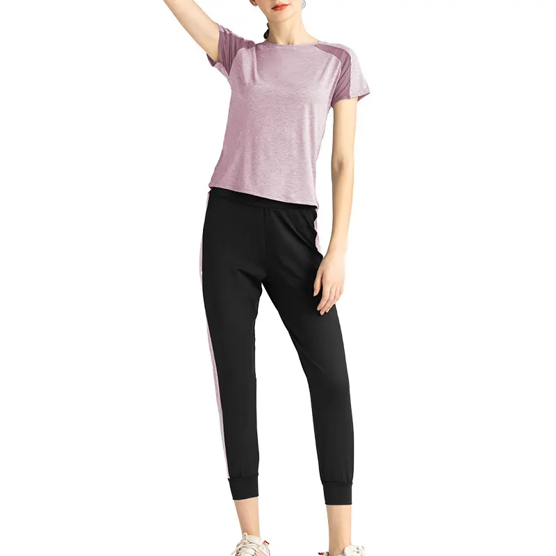 Juyitang yoga suit two-piece set mesh short-sleeved top running yoga pants fitness suit sports suit