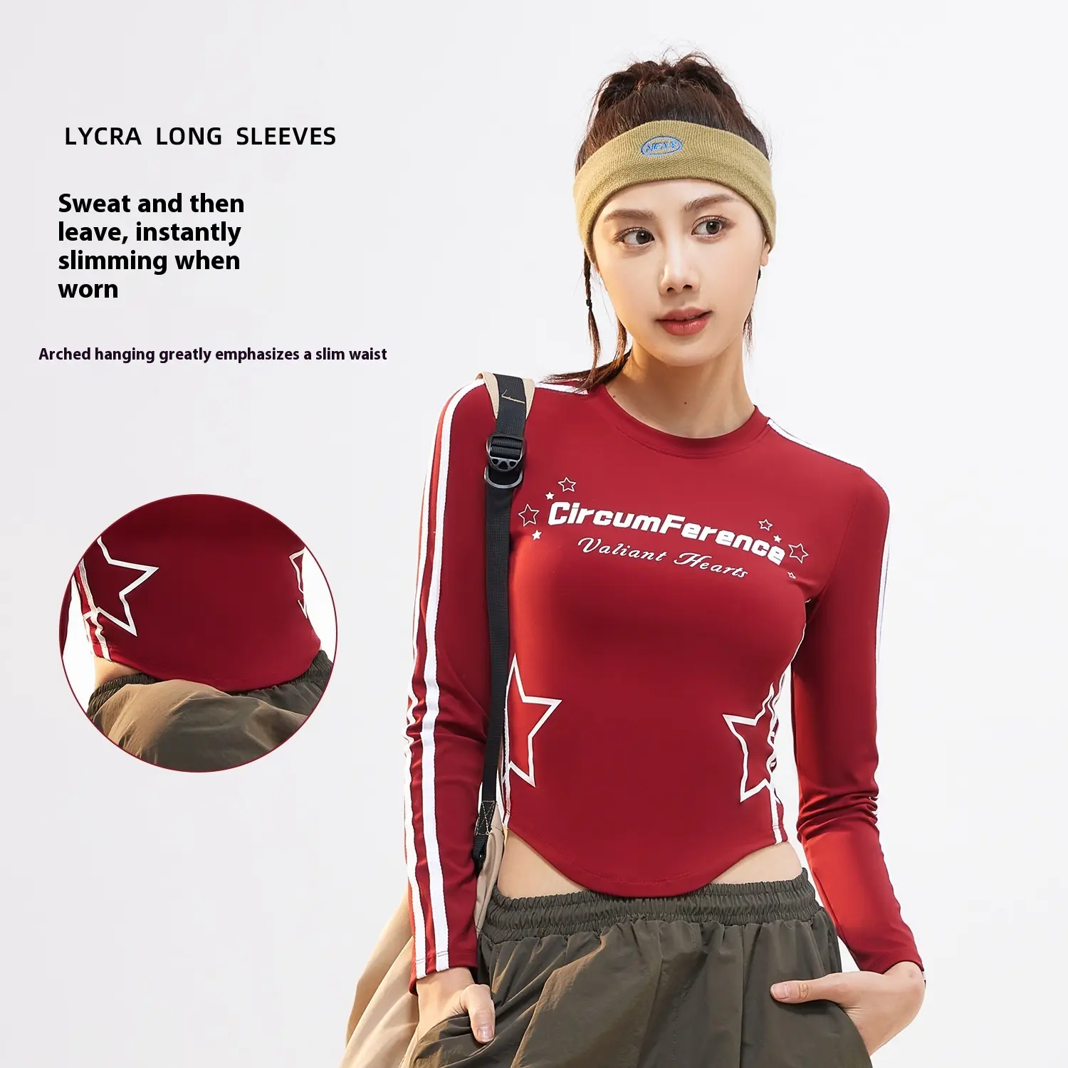Juyitang webbing printed long-sleeved American retro style round neck waist thin cloud high elastic sports T-shirt