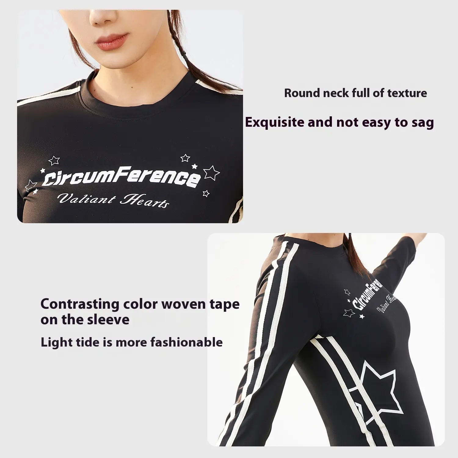 Juyitang webbing printed long-sleeved American retro style round neck waist thin cloud high elastic sports T-shirt