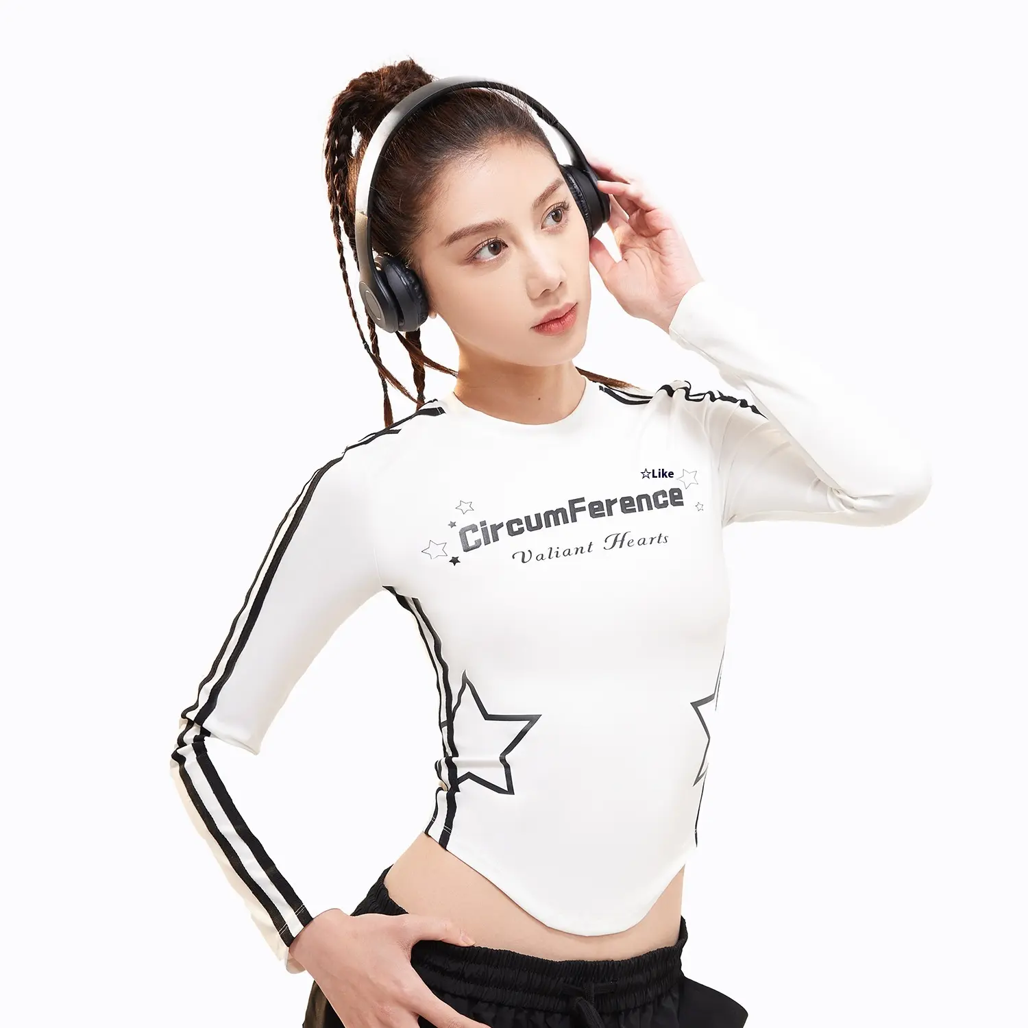 Juyitang webbing printed long-sleeved American retro style round neck waist thin cloud high elastic sports T-shirt