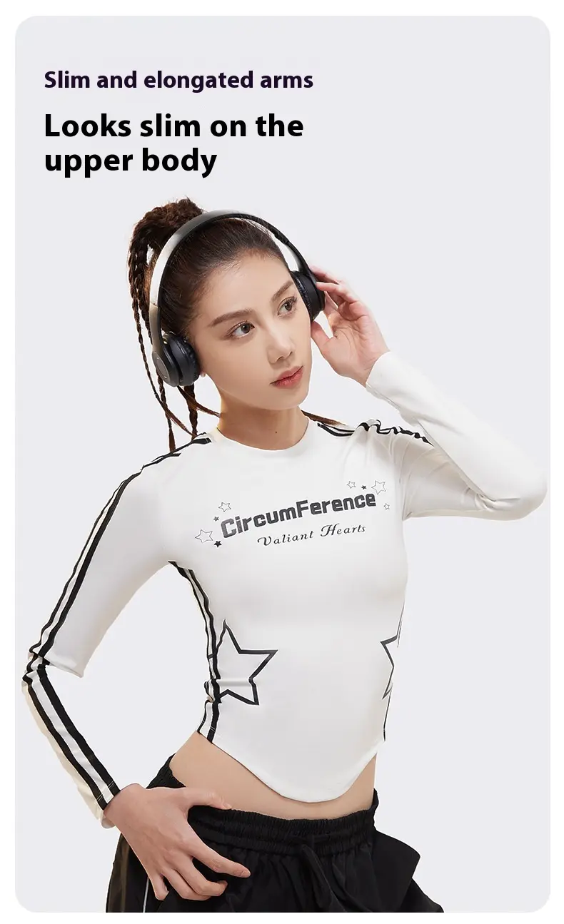 Juyitang webbing printed long-sleeved American retro style round neck waist thin cloud high elastic sports T-shirt