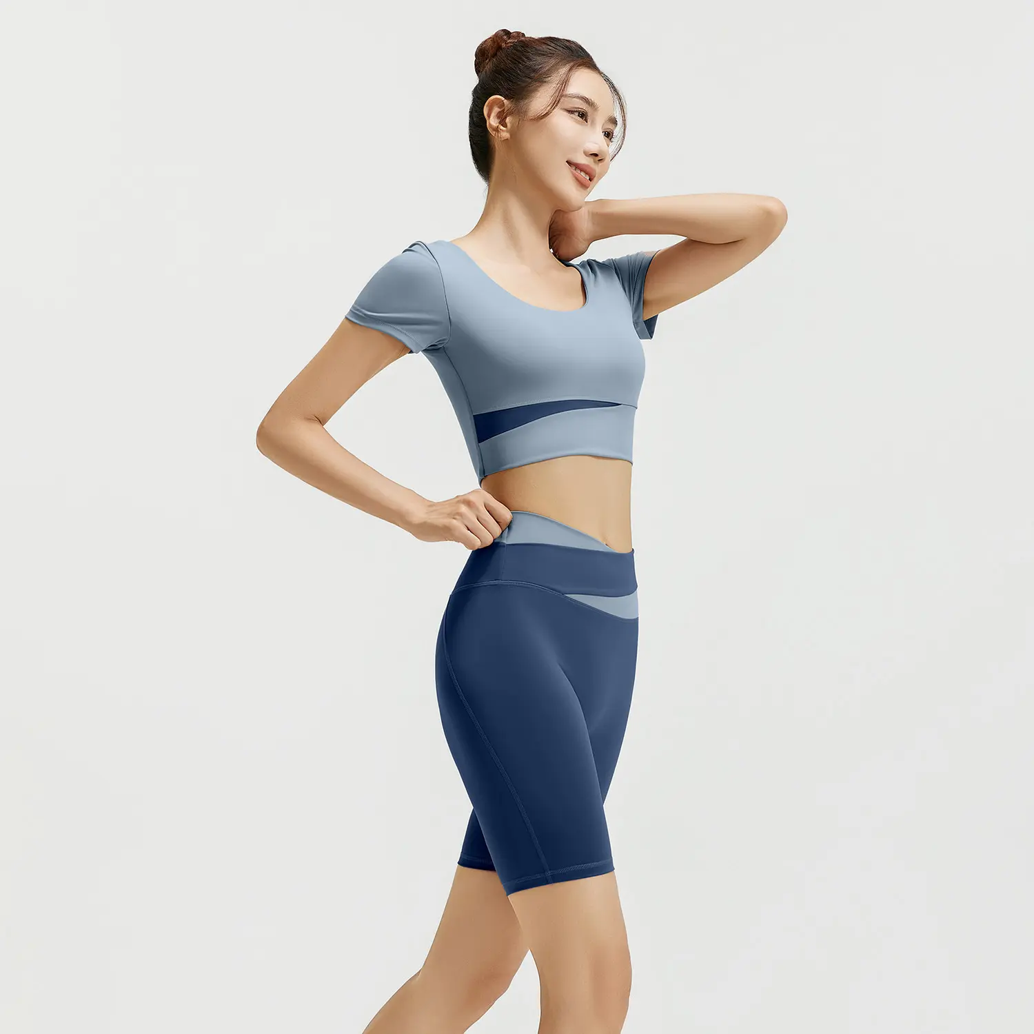 Juyitang contrasting color yoga suit women's spring and summer navel short top high waist hip pants running fitness clothes