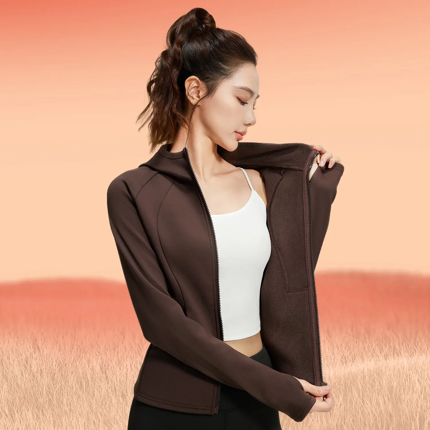 Juyitang autumn and winter velvet yoga jacket slim waist sports women's casual versatile fitness yoga hooded jacket