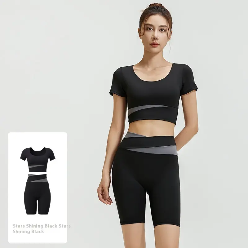Juyitang contrasting color yoga suit women's spring and summer navel short top high waist hip pants running fitness clothes
