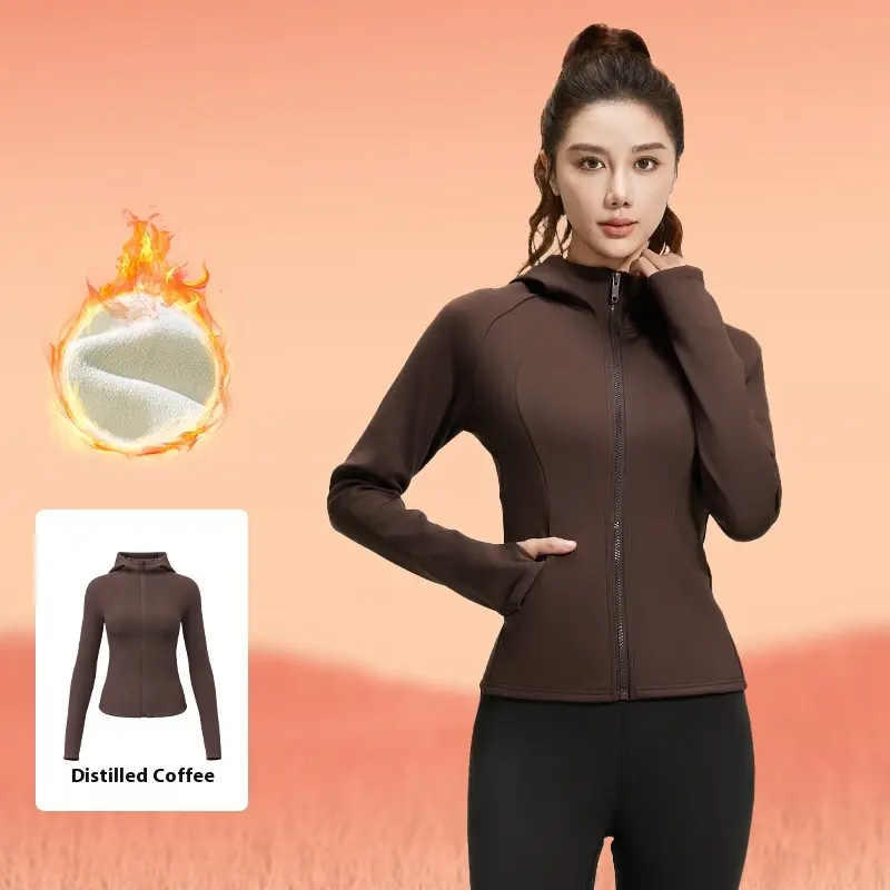 Juyitang autumn and winter velvet yoga jacket slim waist sports women's casual versatile fitness yoga hooded jacket
