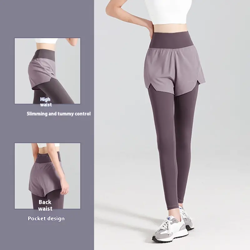Juyatang anti-light fake two-piece yoga pants pocket pants high waist hip-lifting fitness pants thin belly yoga pants
