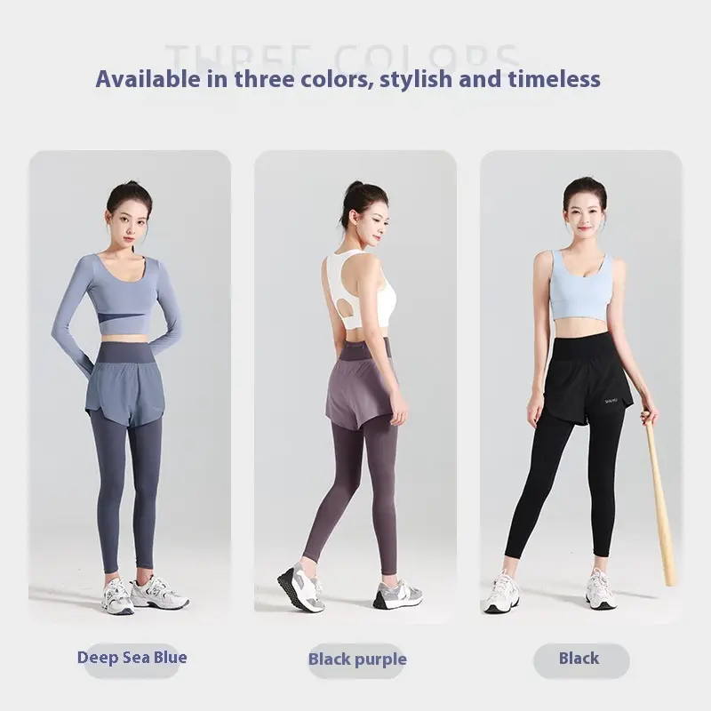 Juyatang anti-light fake two-piece yoga pants pocket pants high waist hip-lifting fitness pants thin belly yoga pants