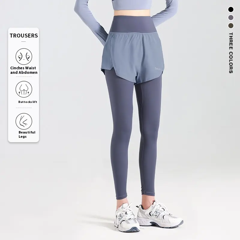 Juyatang anti-light fake two-piece yoga pants pocket pants high waist hip-lifting fitness pants thin belly yoga pants