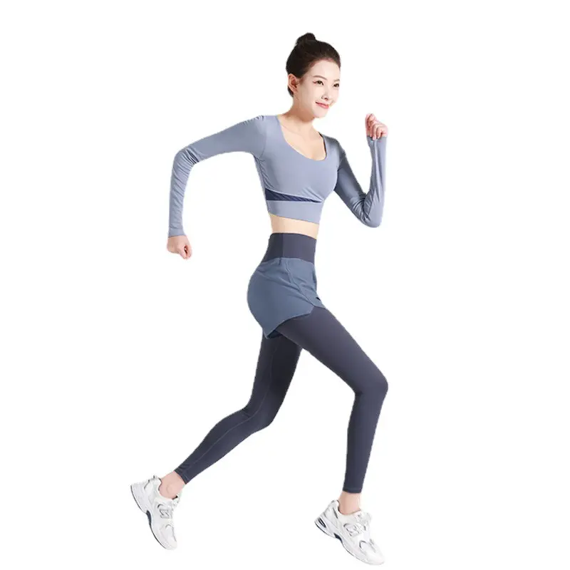 Juyatang anti-light fake two-piece yoga pants pocket pants high waist hip-lifting fitness pants thin belly yoga pants