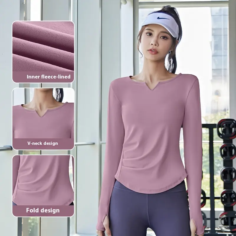 Juyatang thin velvet V-neck long-sleeved pleated waist yoga clothes, thin tight sports top