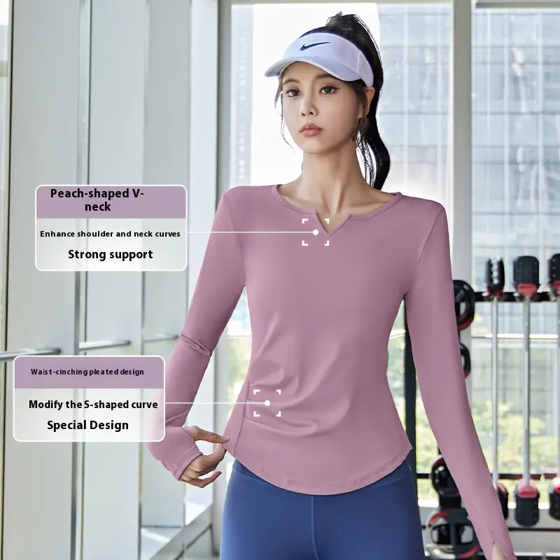 Juyatang thin velvet V-neck long-sleeved pleated waist yoga clothes, thin tight sports top