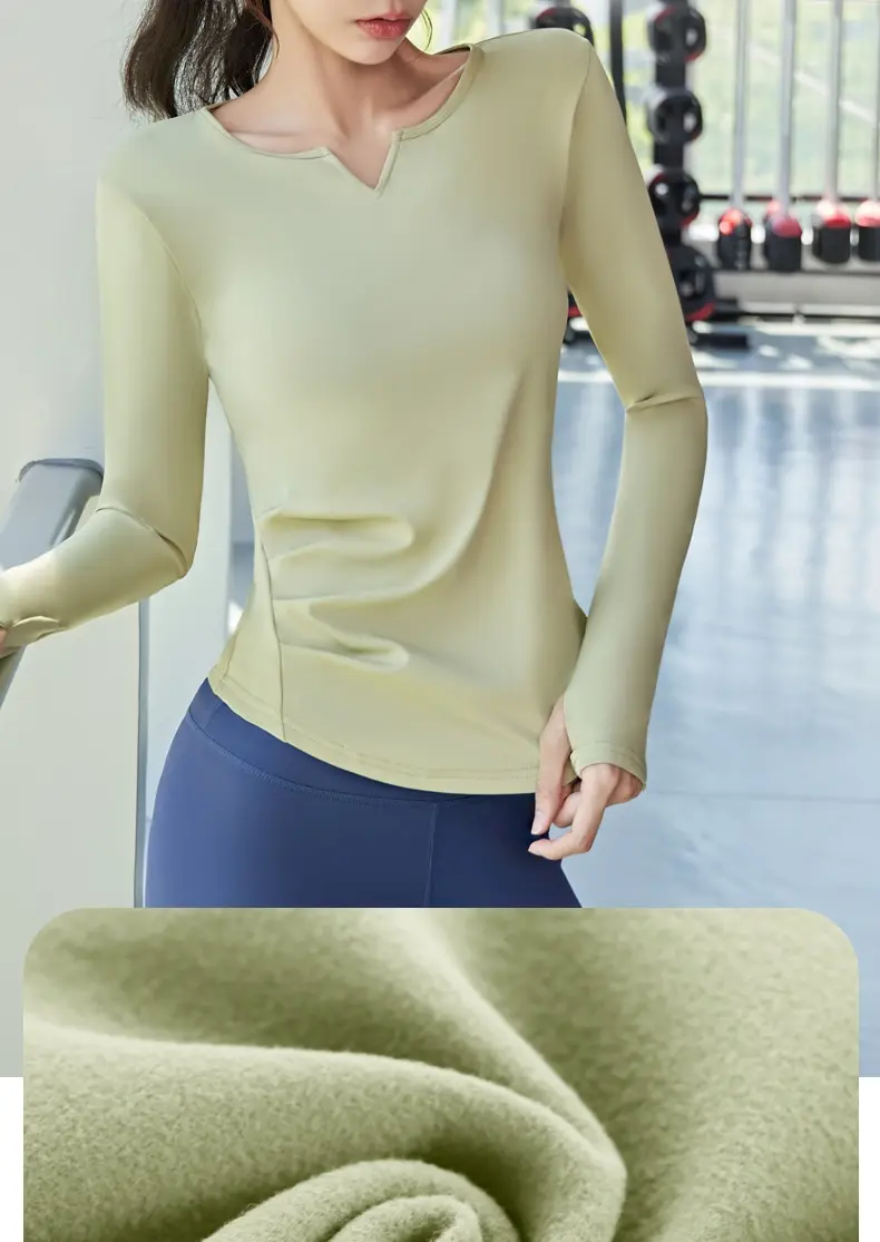 Juyatang thin velvet V-neck long-sleeved pleated waist yoga clothes, thin tight sports top