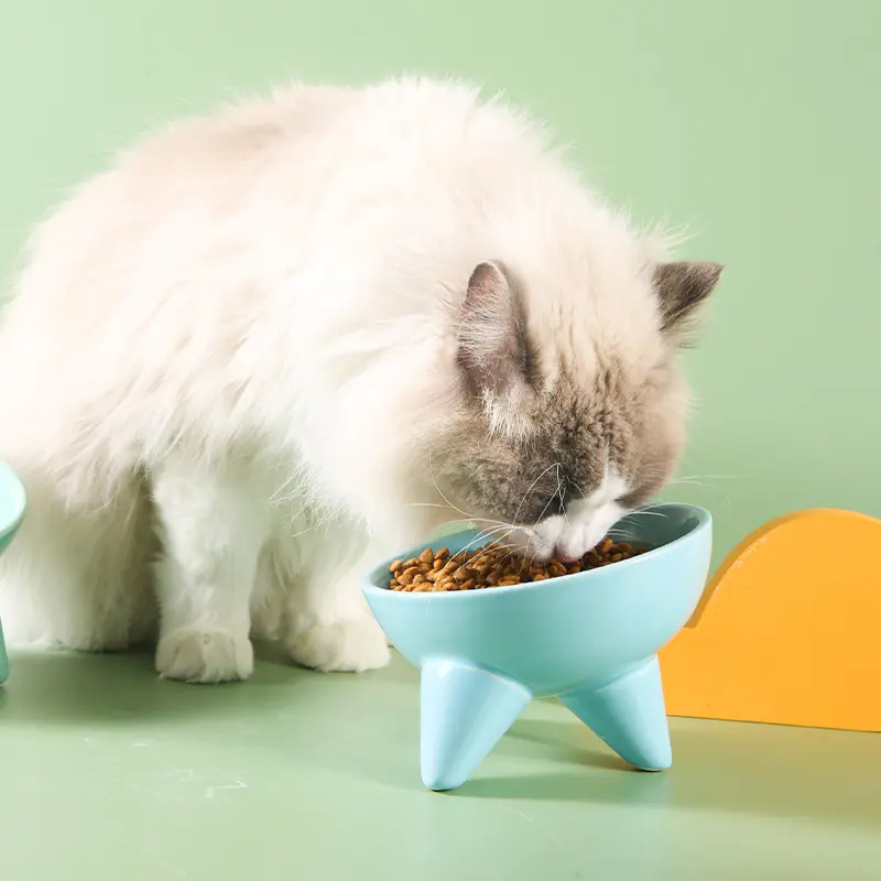 Ceramic cat food basin High foot oblique mouth neck protection Anti-black chin cat rice bowl Anti-overturning dog drinking bowl