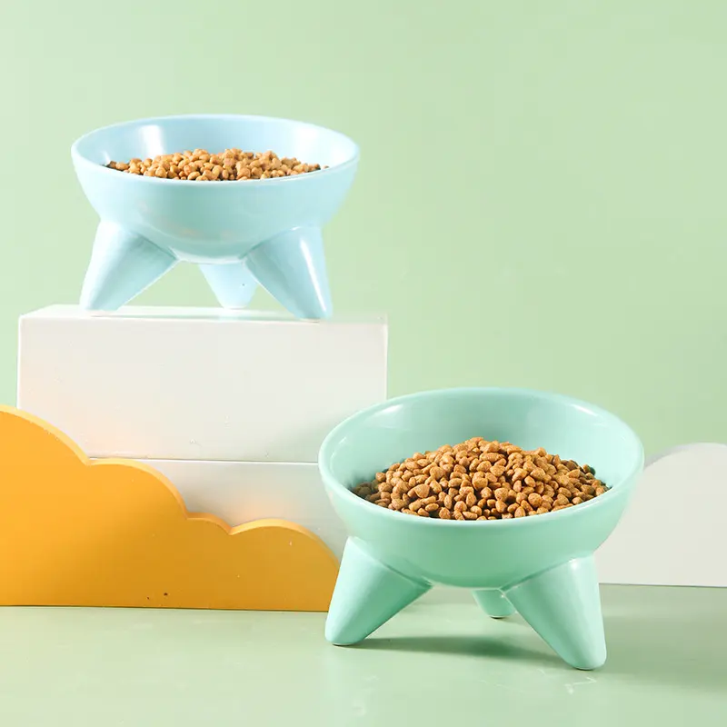 Ceramic cat food basin High foot oblique mouth neck protection Anti-black chin cat rice bowl Anti-overturning dog drinking bowl