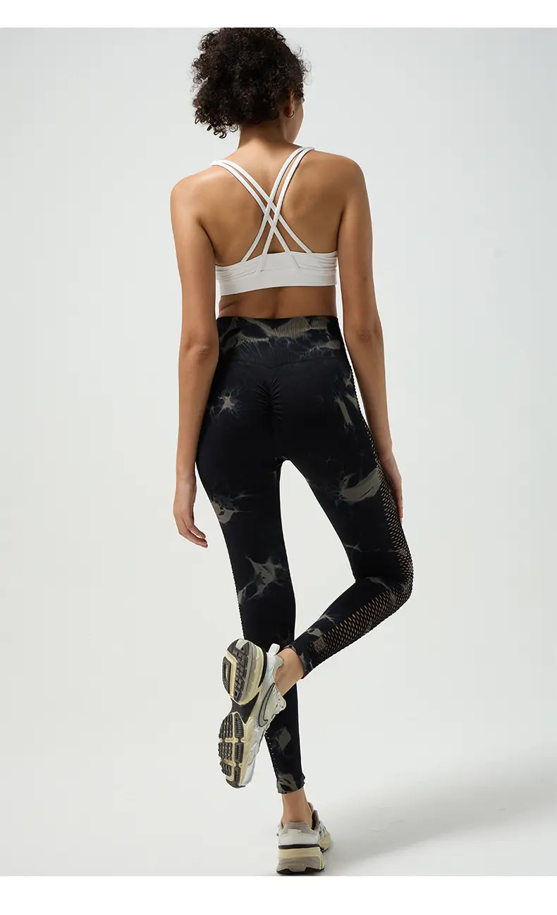 Side hollow tie-dye yoga trousers high waist belly quick-drying hip pants elastic leggings sports women fitness