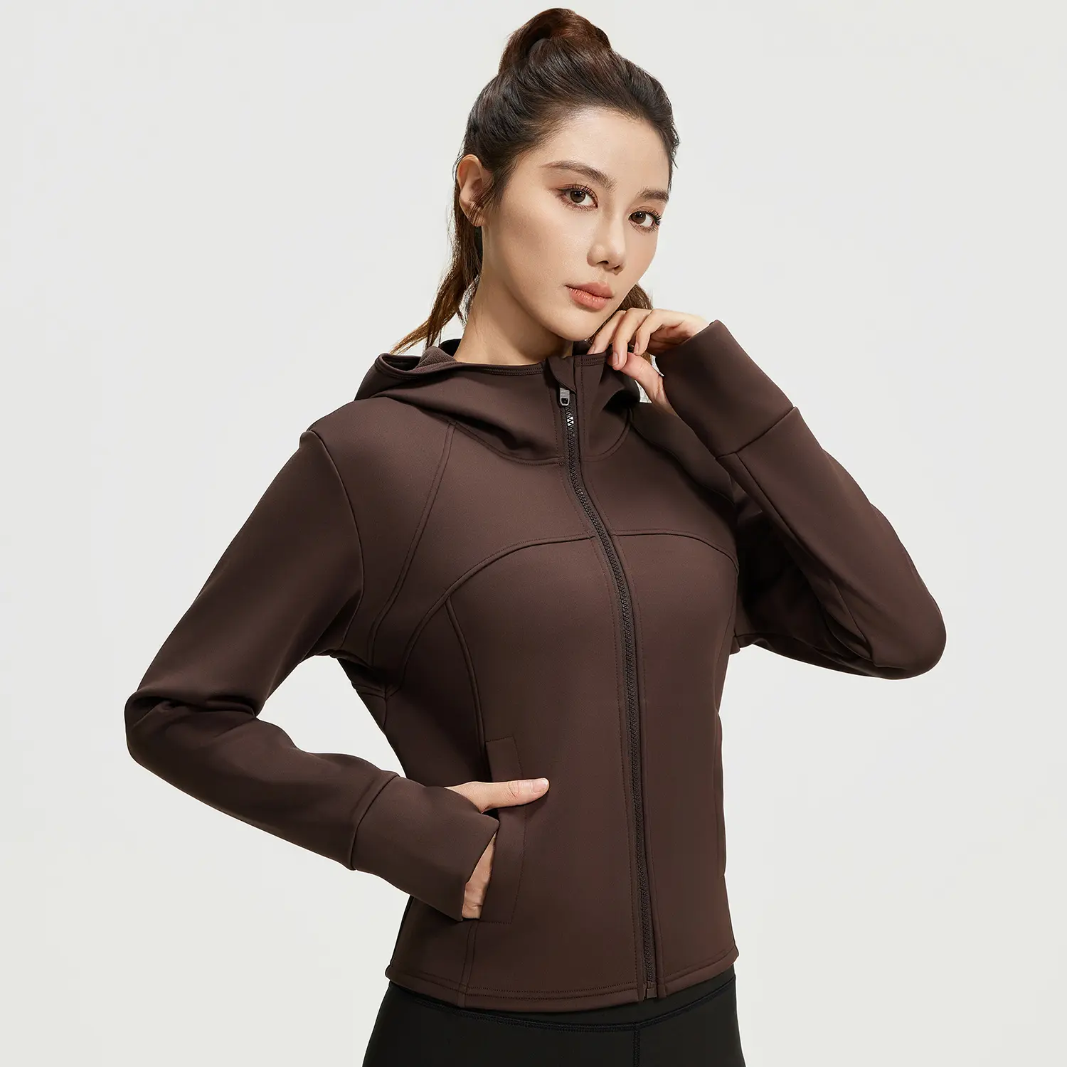 Autumn and winter fleece hooded jacket women's loose fleece thickened fashion pocket yoga jacket running jacket