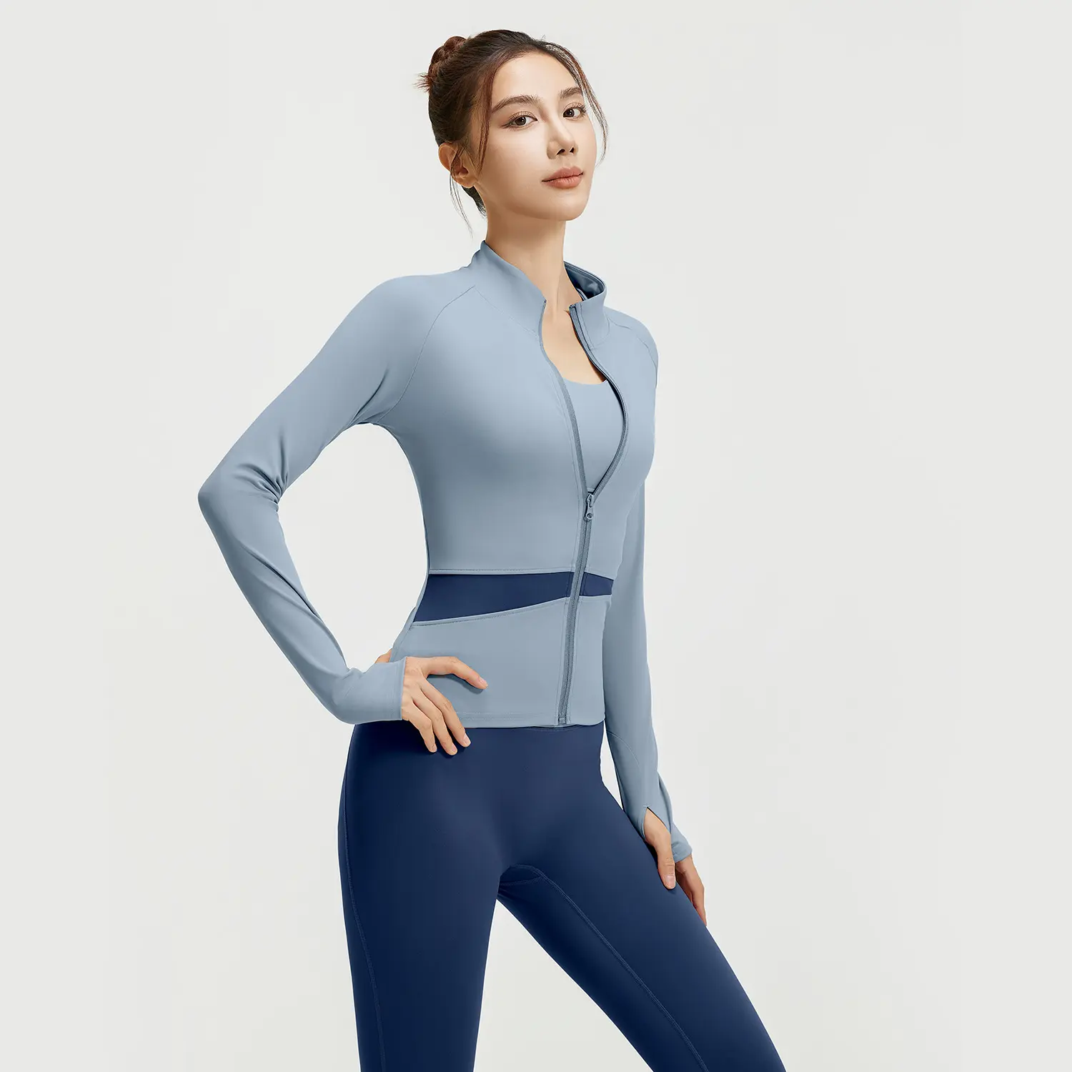 Juyitang peach color matching three-piece nude yoga set running waist fitness set
