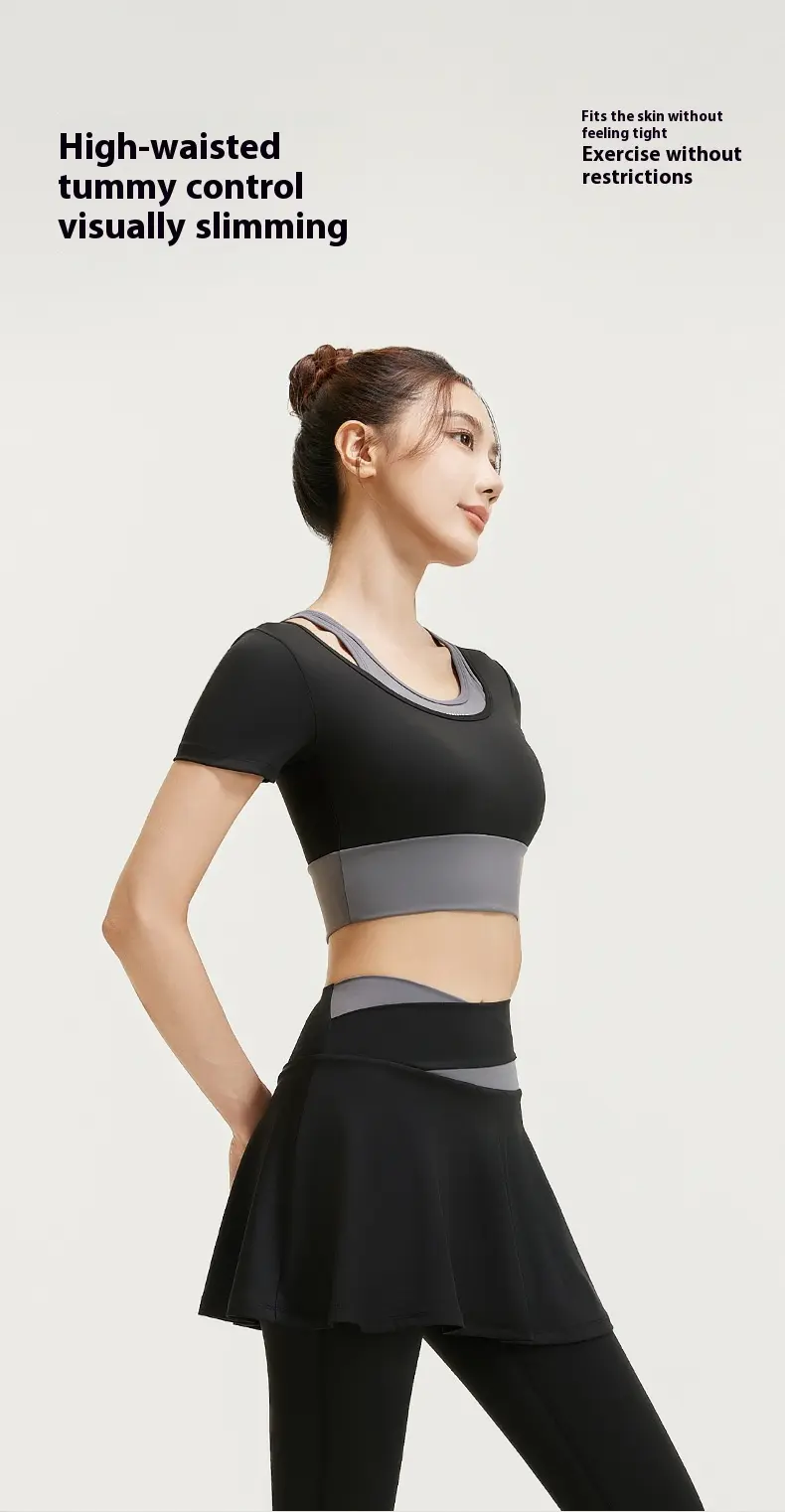 Juyatang nude high elastic fake two-piece yoga suit high waist hip lift running sports fitness suit women