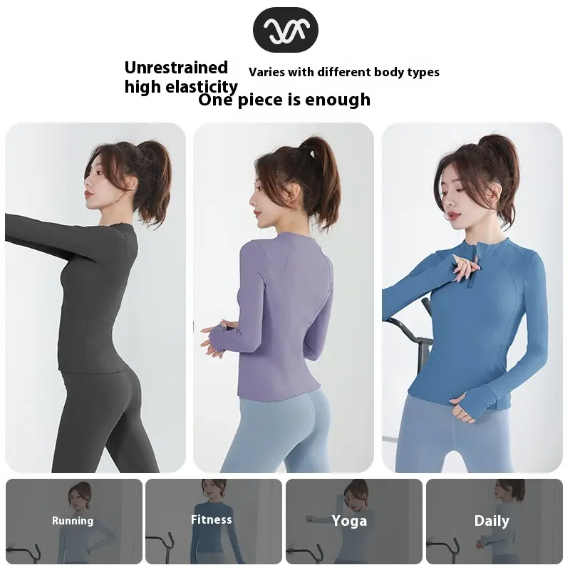 Juyatang half zipper yoga suit sports top nude long sleeve thumb mouth running fitness t-shirt women