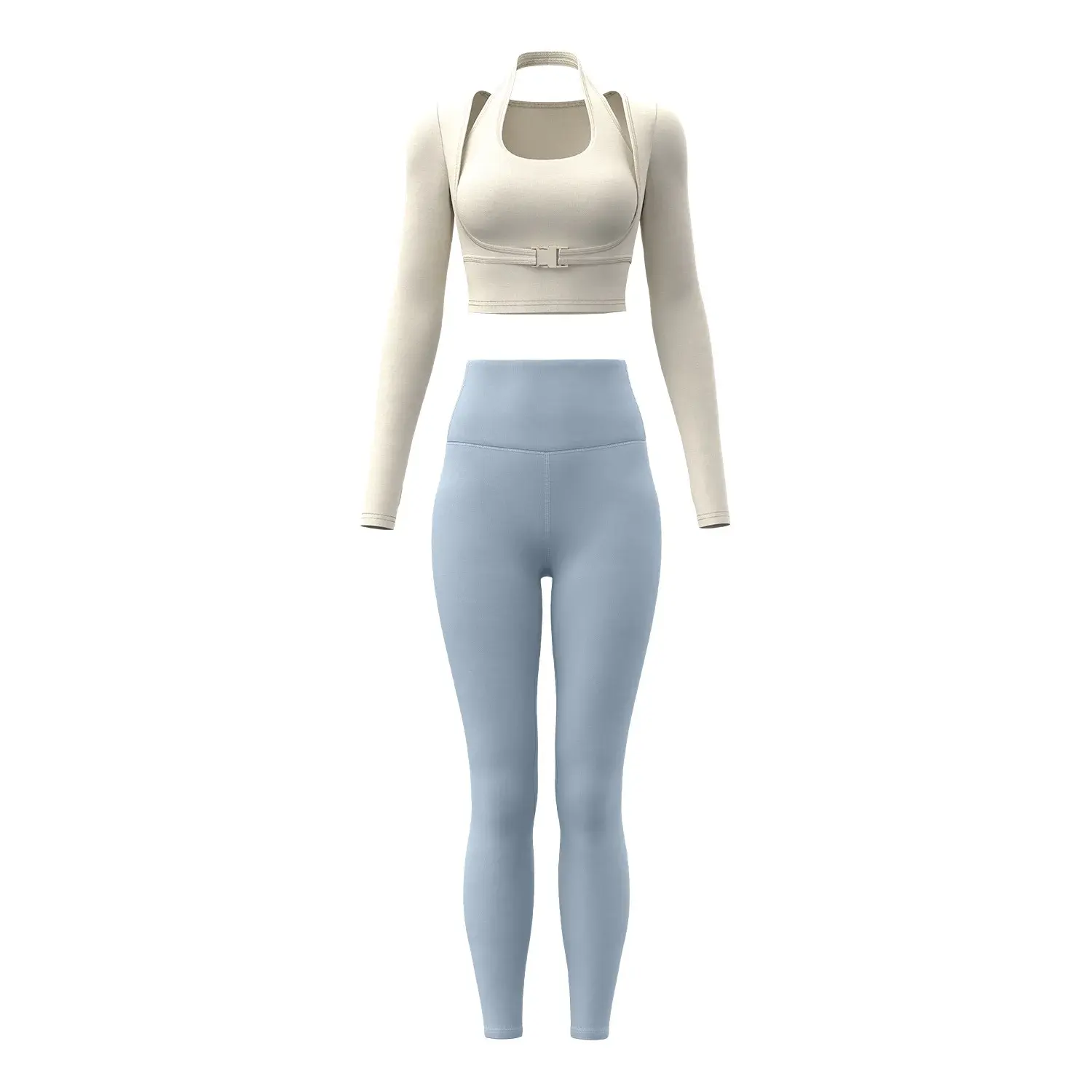 Juyatang fake two-piece neck top with chest pad sports suit breathable Pilates yoga gym set women