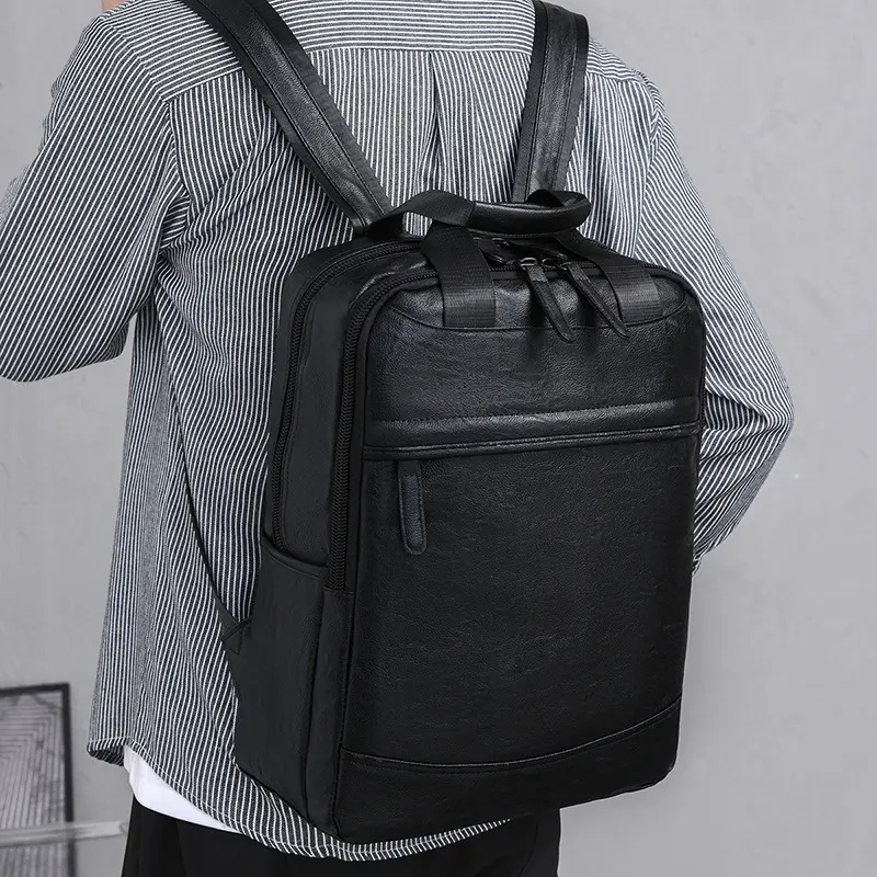 Backpack Men's Large Capacity Street Trend Casual College Student Backpack PU Leather Backpack Men's Bag