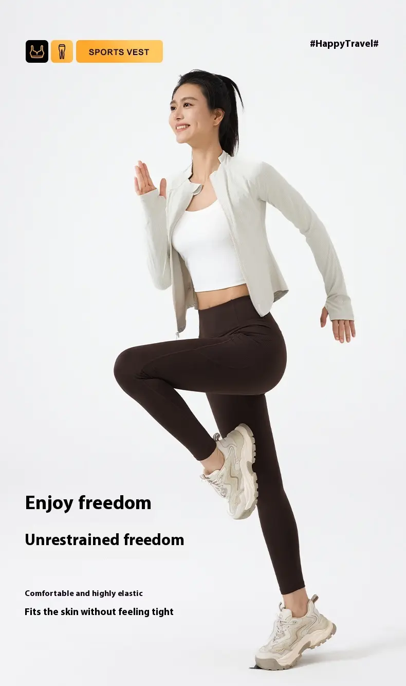 Juyitang's new striped high and low neck slim sports jacket running fitness yoga jacket women fitness femme