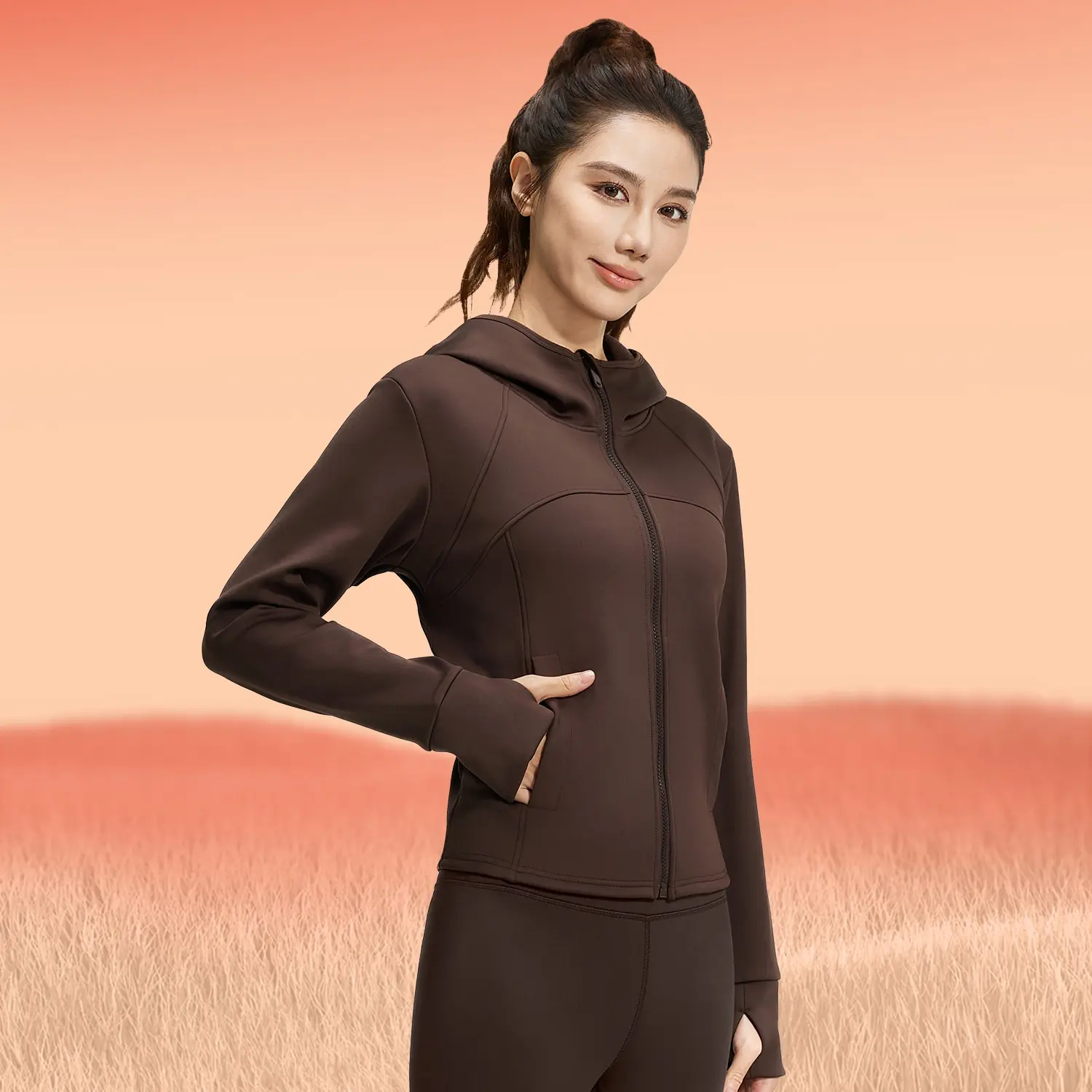 Juyitang autumn and winter peach velvet set, velvet thickened warm hooded pocket sports yoga set