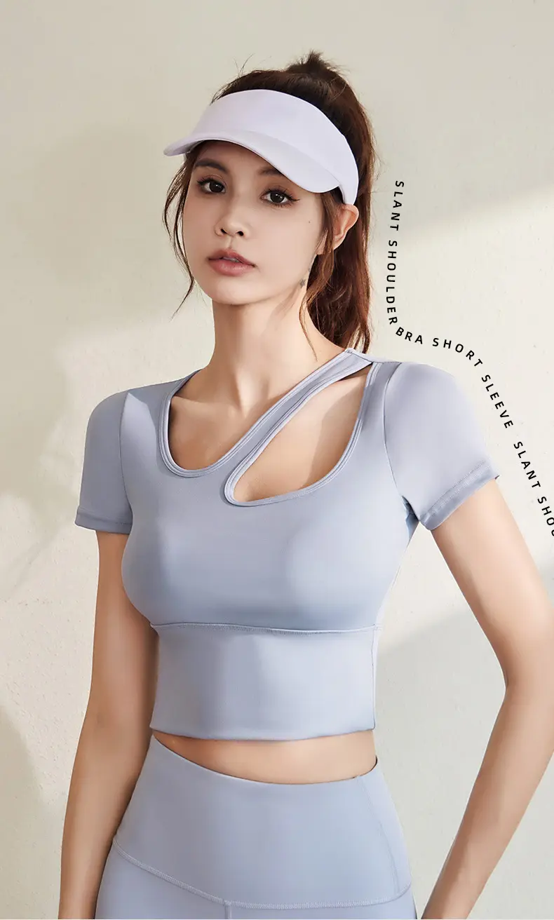 Juyitang slanted shoulder strap chest pad yoga suit short sleeve summer elastic thin fitness yoga top thin women