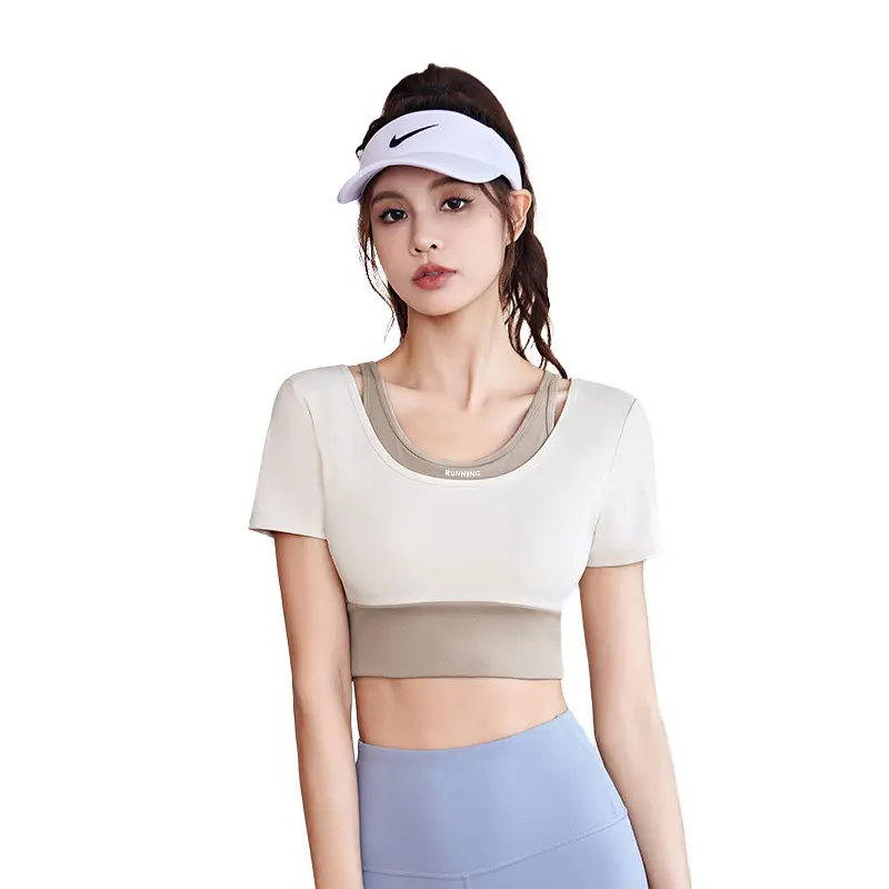 Juyitang color matching fake two-piece yoga short sleeve belt chest pad outdoor training sports top women