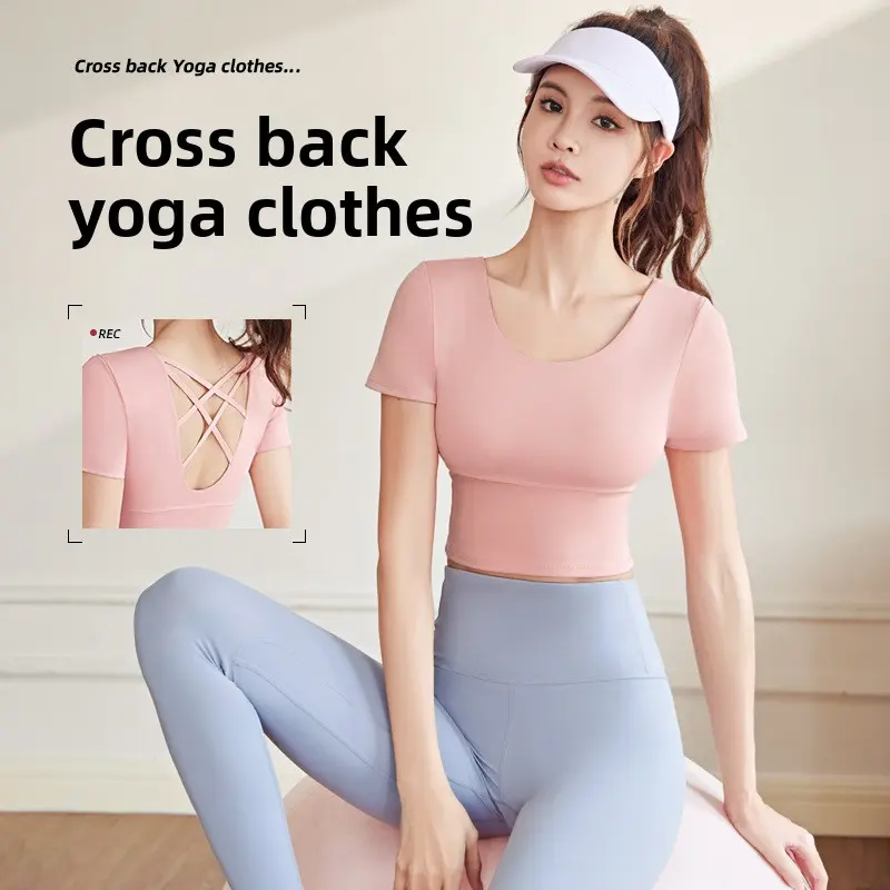 Juyitang beautiful back yoga clothes short sleeves tight and thin sports tops women's nude fitness clothes with chest pads