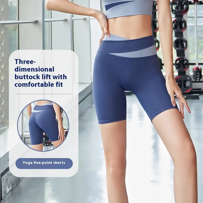 Juyitang color matching yoga pants women's high waist hip five-point pants peach pants summer sports anti-light shorts