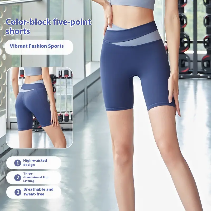 Juyitang color matching yoga pants women's high waist hip five-point pants peach pants summer sports anti-light shorts