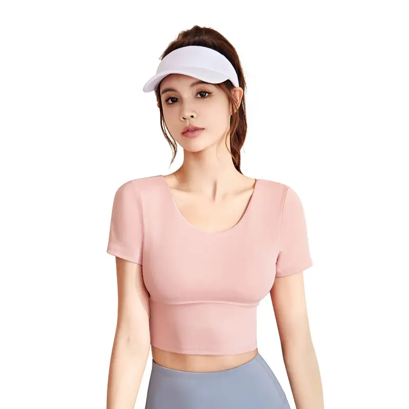 Juyitang beautiful back yoga clothes short sleeves tight and thin sports tops women's nude fitness clothes with chest pads