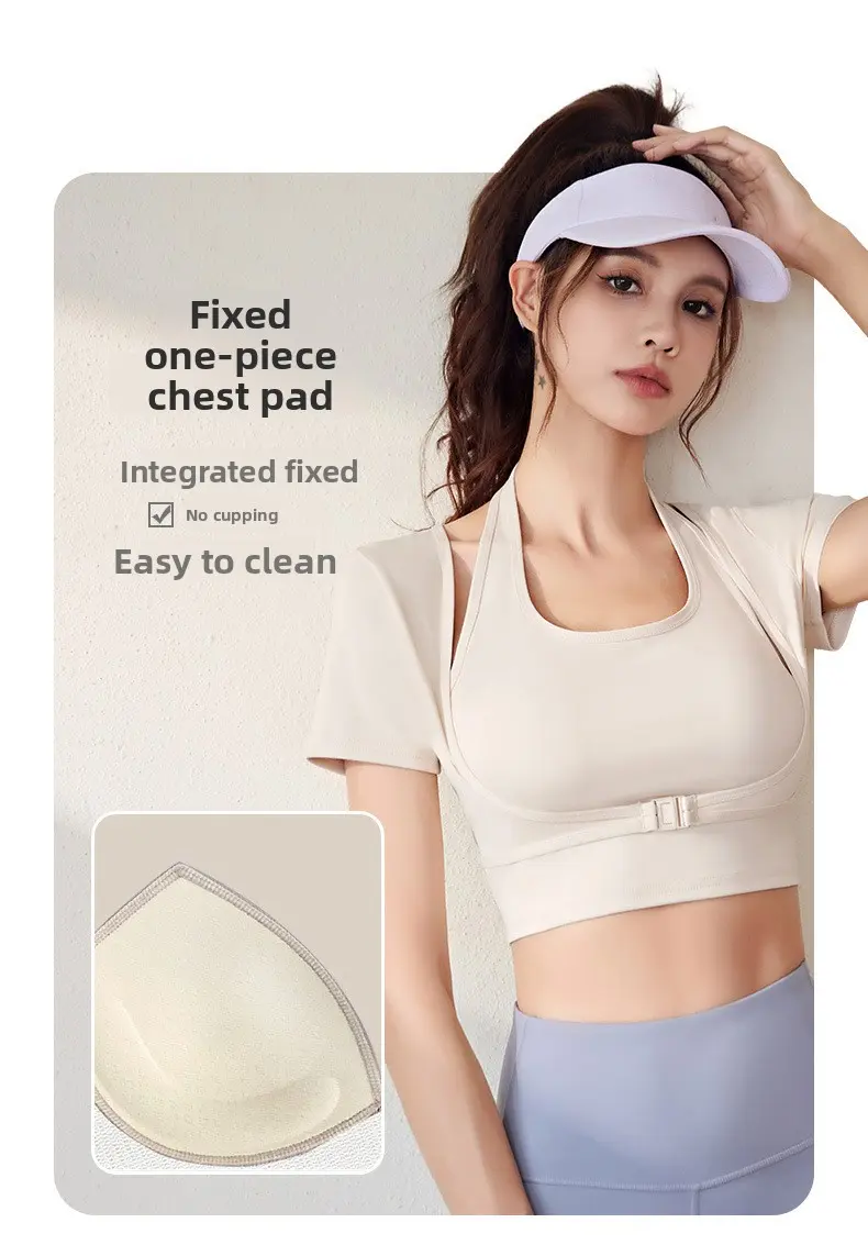 Juyitang bra-free fitness clothes neck-hanging yoga clothes short-sleeved tops tight sports short-sleeved women