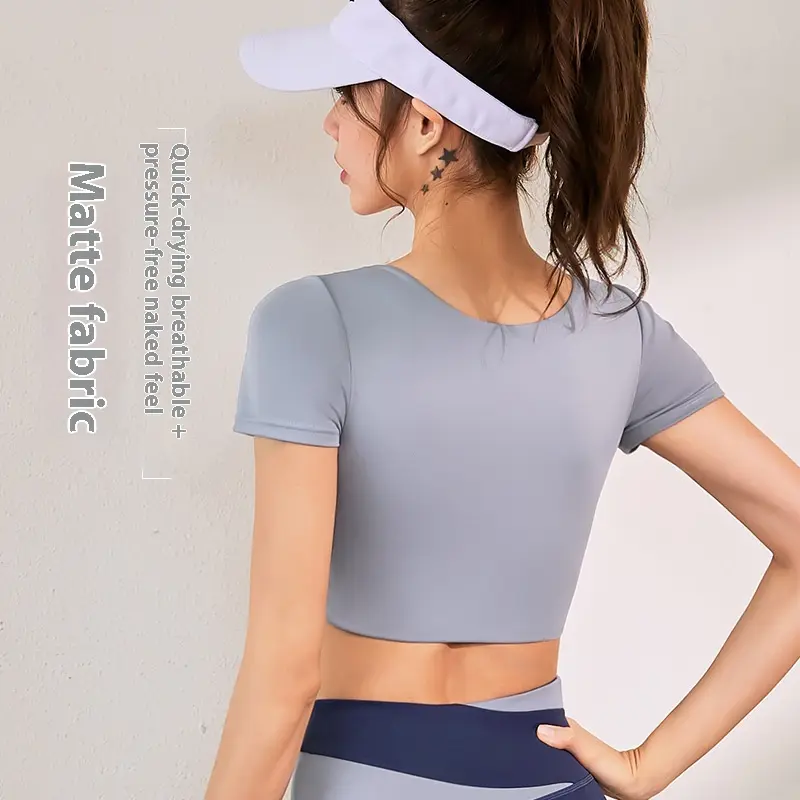 Juyitang nude exposed navel yoga clothes women's sports yoga short sleeves chest pad color matching fitness clothes top