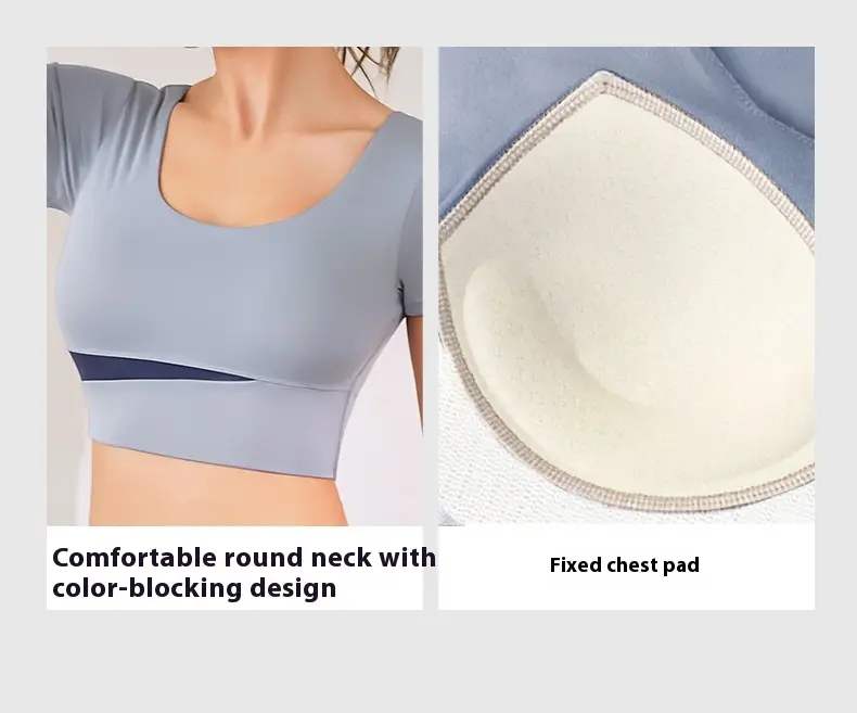Juyitang nude exposed navel yoga clothes women's sports yoga short sleeves chest pad color matching fitness clothes top