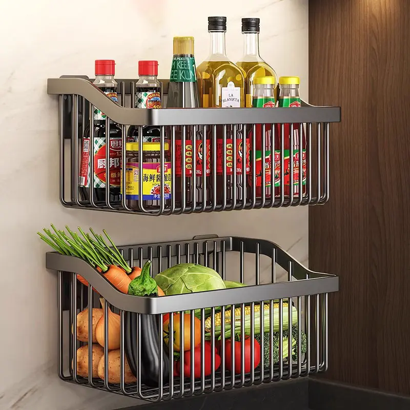 Kitchen seasoning rack multi-functional wall hanging storage wall salt seasoning pot basket savings basket drain rack
