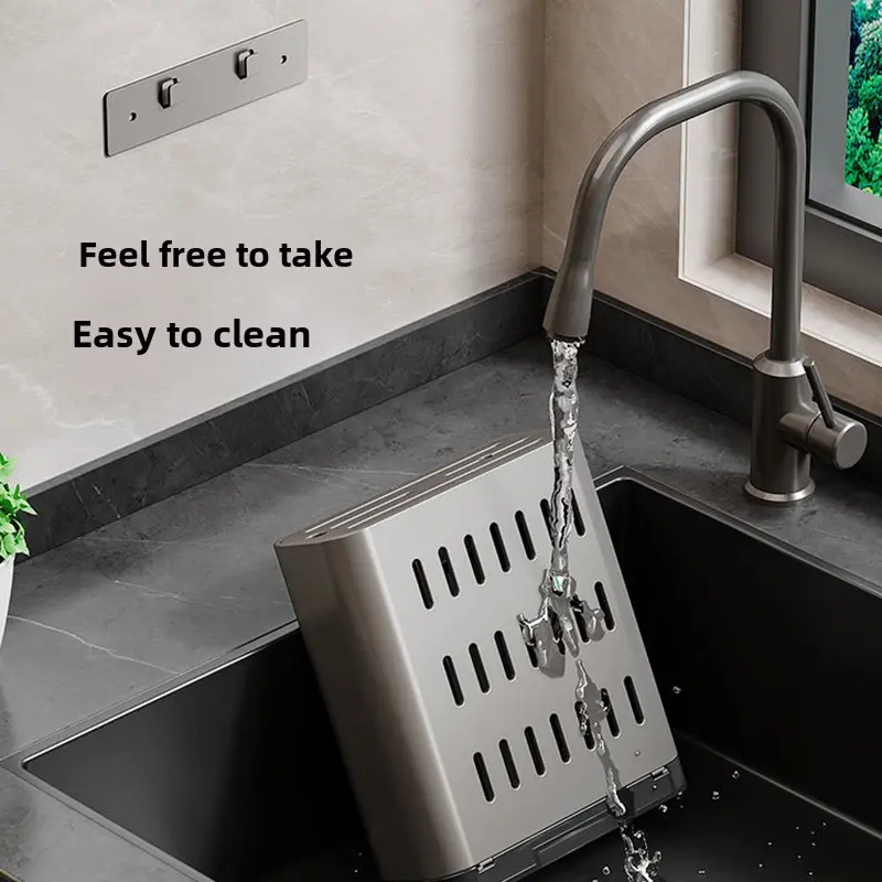 Space aluminum kitchen knife holder wall mounted storage rack for kitchen knife drain chopsticks tube knife storage rack