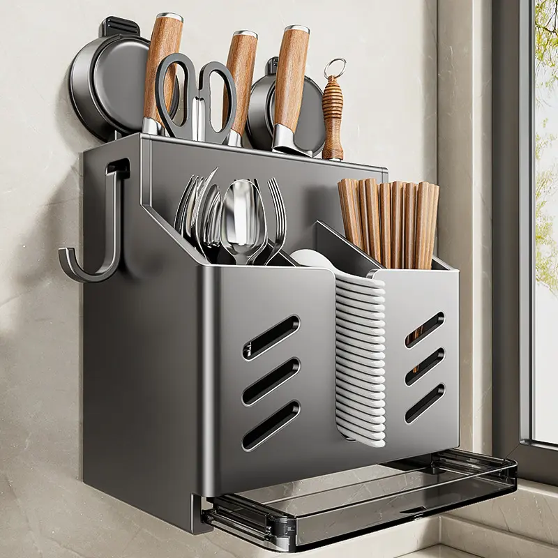Kitchen suction kitchen knife rack rack wall hanging perforation-free chopsticks and knife cylinder integrated storage box