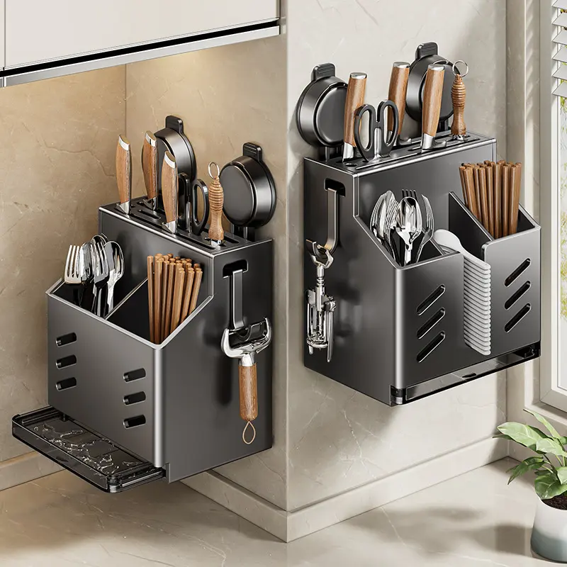 Kitchen suction kitchen knife rack rack wall hanging perforation-free chopsticks and knife cylinder integrated storage box