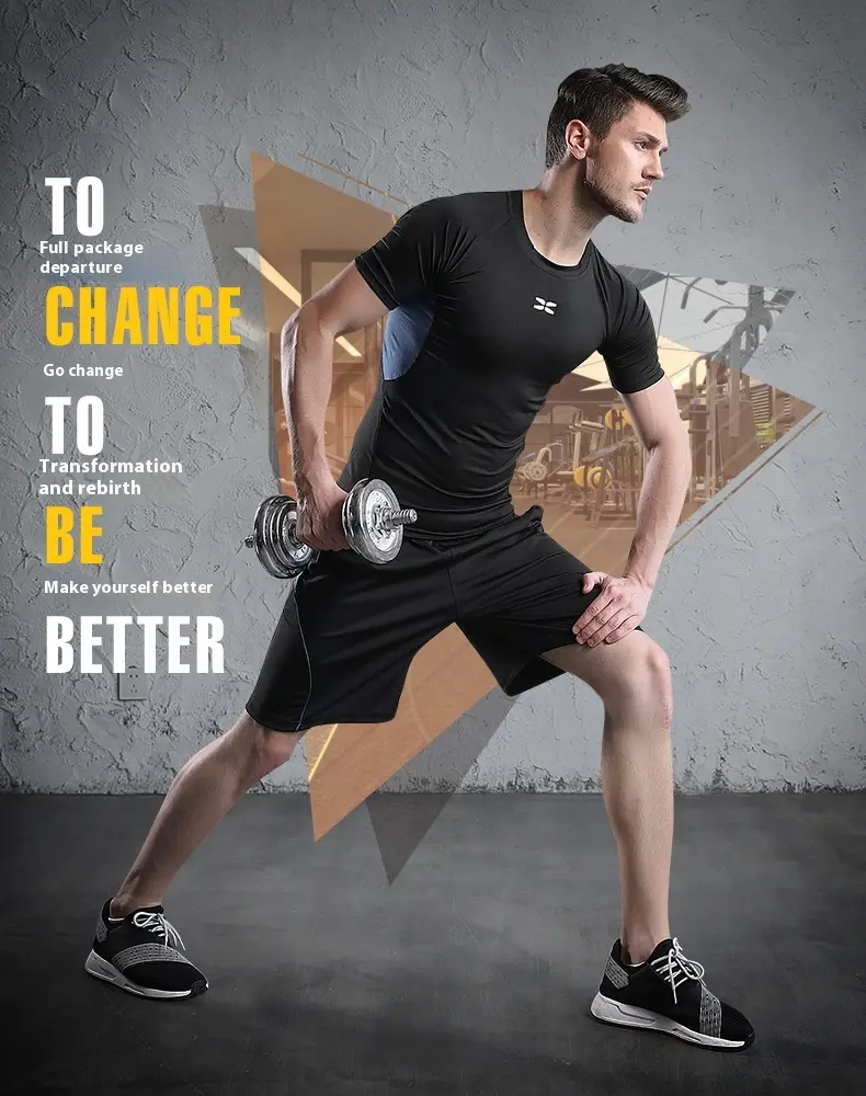 Fitness suit Men's 2025 summer gym tight running sports suit Summer clothes breathable two-piece set