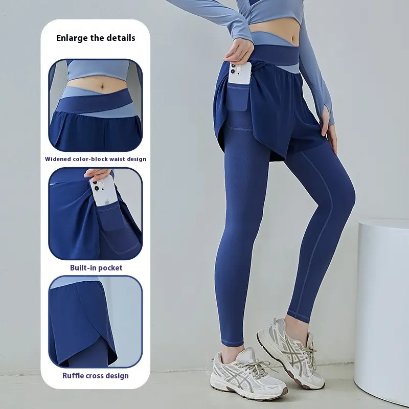 Juyitang color matching anti-light fake two-piece yoga pants high waist belly pocket pants sports fitness pants