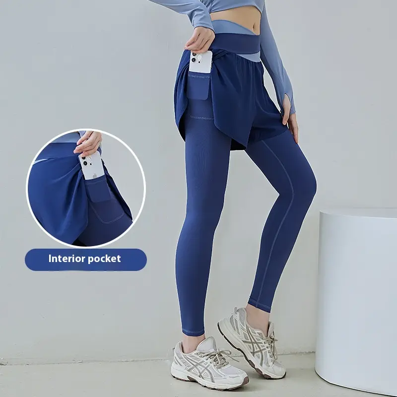 Juyitang color matching anti-light fake two-piece yoga pants high waist belly pocket pants sports fitness pants
