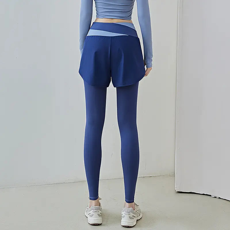 Juyitang color matching anti-light fake two-piece yoga pants high waist belly pocket pants sports fitness pants