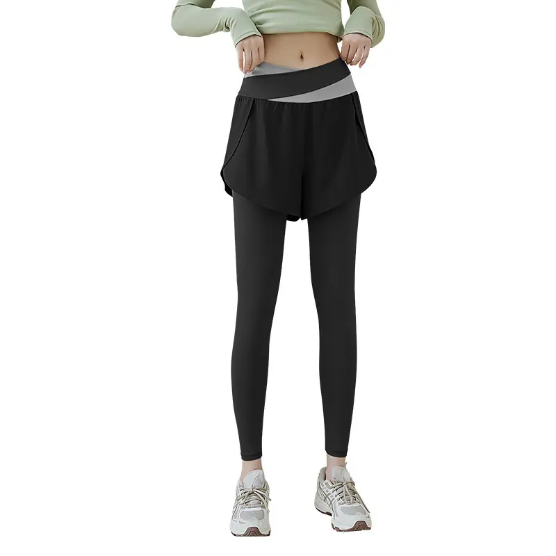 Juyitang color matching anti-light fake two-piece yoga pants high waist belly pocket pants sports fitness pants