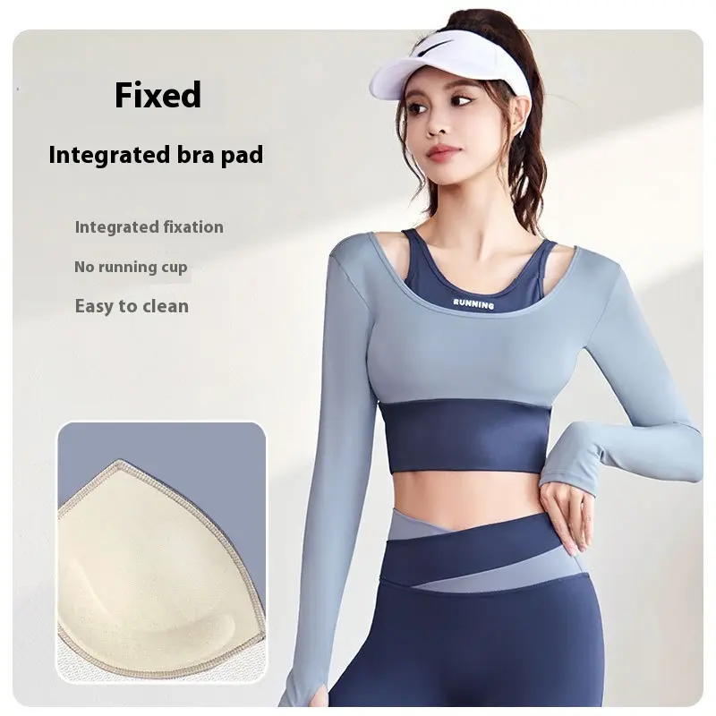 Juyitang's new slim-fit sports fitness clothes are shockproof and color-matching fake two-piece bra-free yoga clothes.
