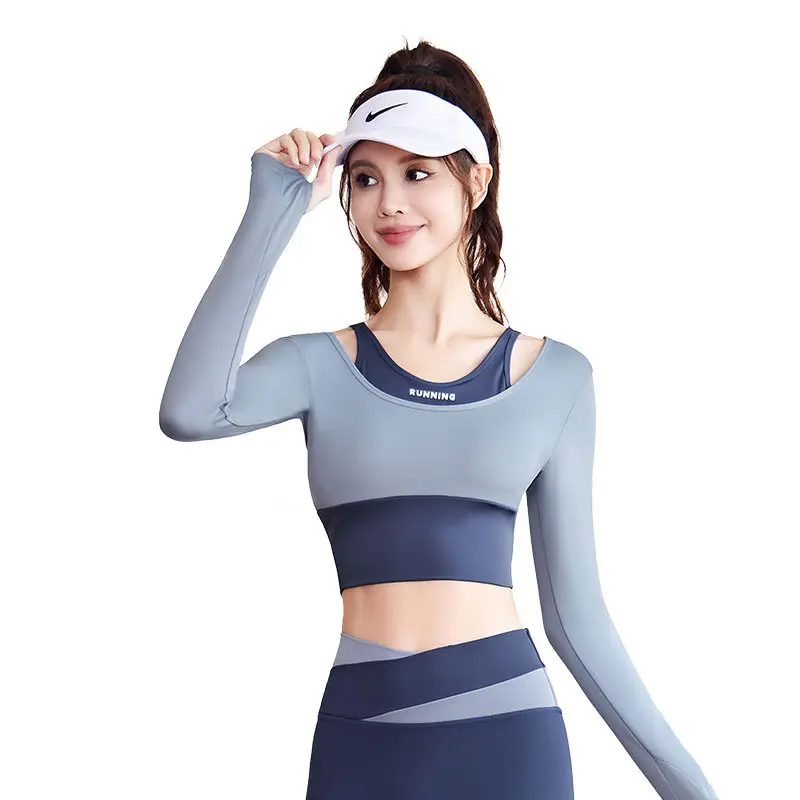 Juyitang's new slim-fit sports fitness clothes are shockproof and color-matching fake two-piece bra-free yoga clothes.