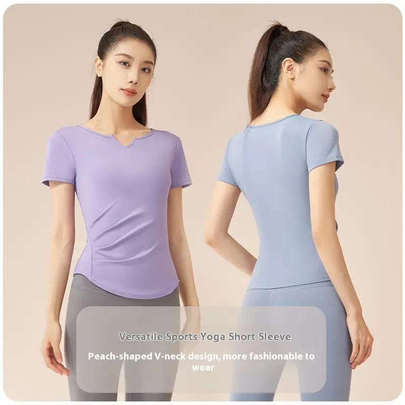 Juyatang V-neck sports suit Naked fitness pleated T-shirt Versatile sports top Running yoga suit Women
