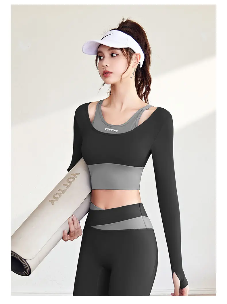 Juyitang's new slim-fit sports fitness clothes are shockproof and color-matching fake two-piece bra-free yoga clothes.